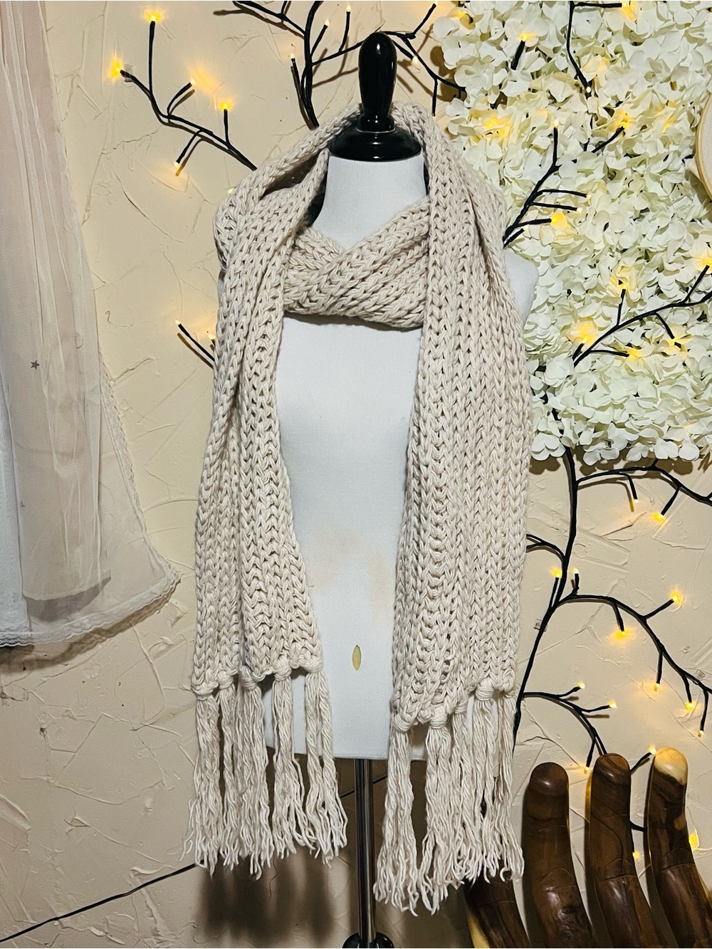 Cream Chunky Knit Fringe Scarf